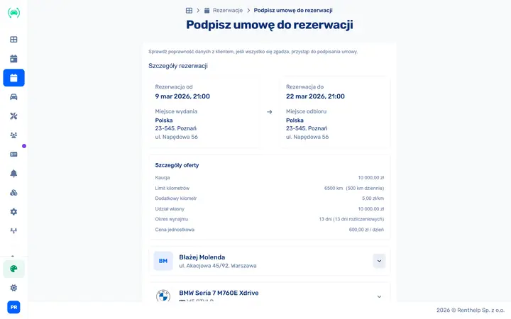 Kreator umowy wynajmu pojazdu z danymi klienta i szczegółami oferty