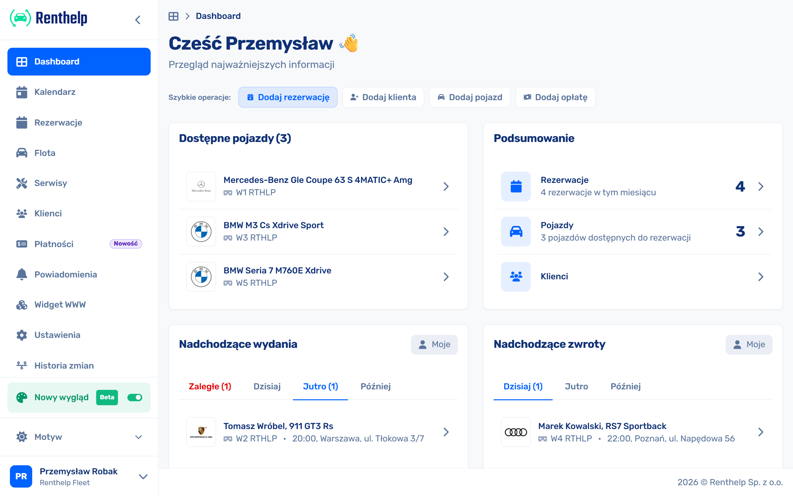 Kalendarz rezerwacji Renthelp dla wypożyczalni samochodów